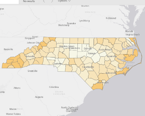 Map of North Carolina showing the areas with a higher percentage of vacant property