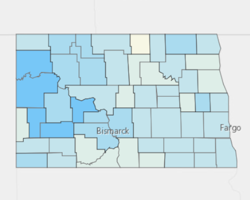 Map depicting areas of North Dakota with a higher household income