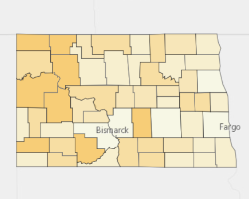 Map of North Dakota showing the areas with a higher percentage of vacant property