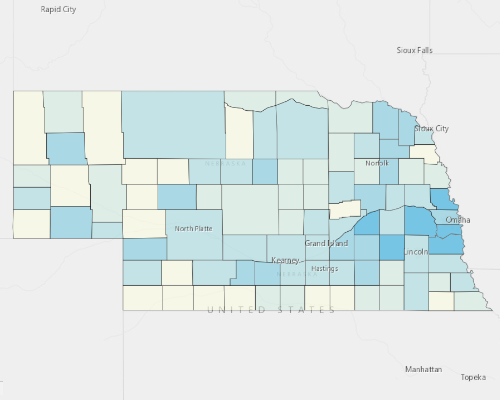 Map depicting areas of Nebraska with a higher household income