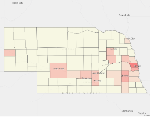 Map showing where the population resides in Nebraska