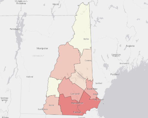 Map showing where the population resides in New Hampshire