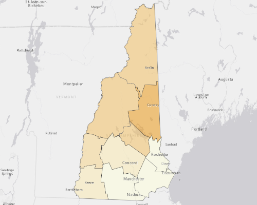 Map of New Hampshire showing the areas with a higher percentage of vacant property