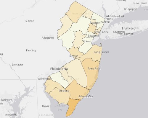 Map of New Jersey showing the areas with a higher percentage of vacant property