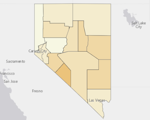 Map of Nevada showing the areas with a higher percentage of vacant property