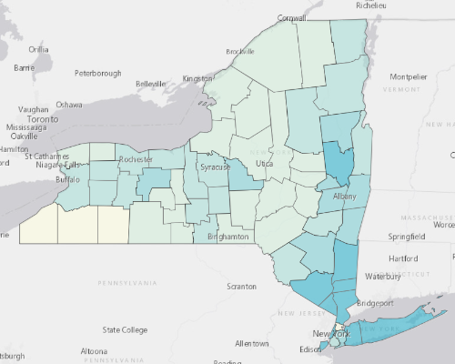 Map depicting areas of New York with a higher household income