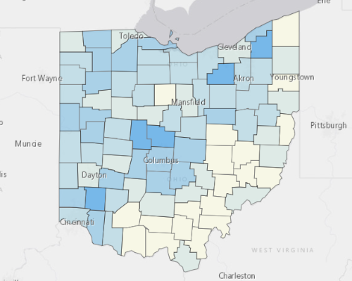Map depicting areas of Ohio with a higher household income