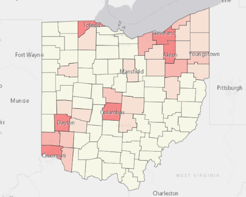 Map showing where the population resides in Ohio