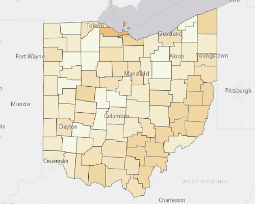 Map of Ohio showing the areas with a higher percentage of vacant property