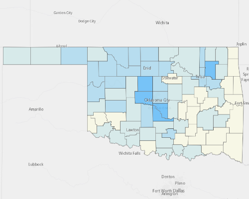 Map depicting areas of Oklahoma with a higher household income