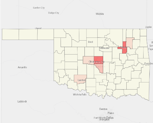 Map showing where the population resides in Oklahoma