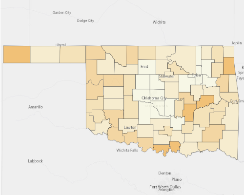 Map of Oklahoma showing the areas with a higher percentage of vacant property