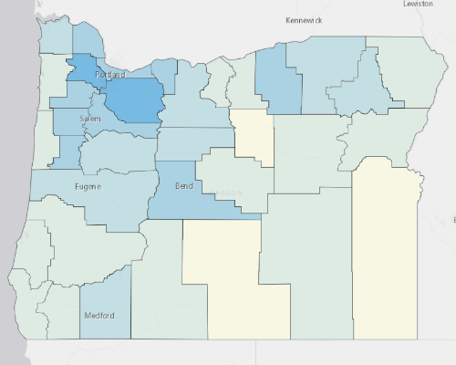 Map depicting areas of Oregon with a higher household income
