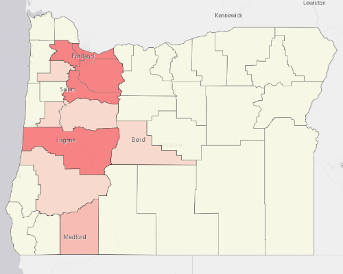 Map showing where the population resides in Oregon