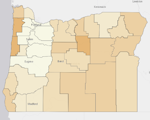 Map of Oregon showing the areas with a higher percentage of vacant property