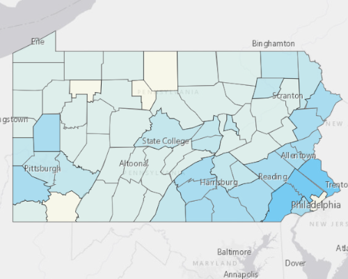 Map depicting areas of Pennsylvania with a higher household income