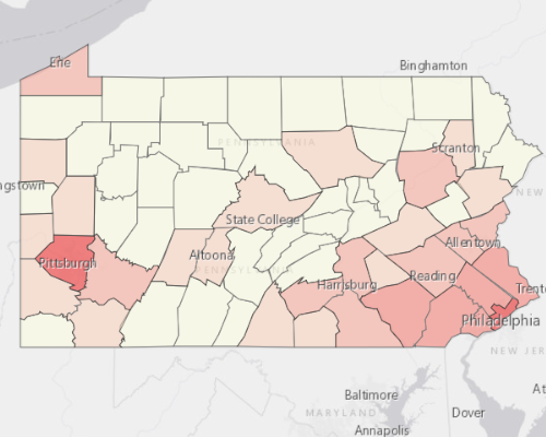 Map showing where the population resides in Pennsylvania