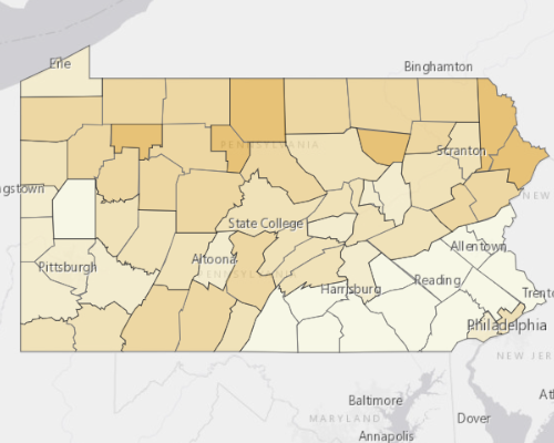Map of Pennsylvania showing the areas with a higher percentage of vacant property