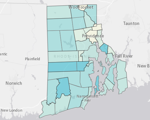 Map depicting areas of Rhode Island with a higher household income