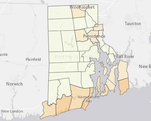 Map of Rhode Island showing the areas with a higher percentage of vacant property