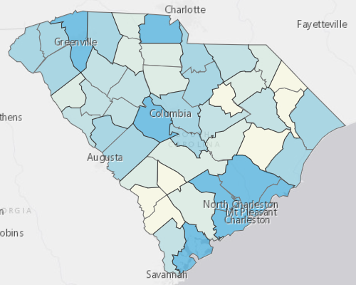 Map depicting areas of South Carolina with a higher household income