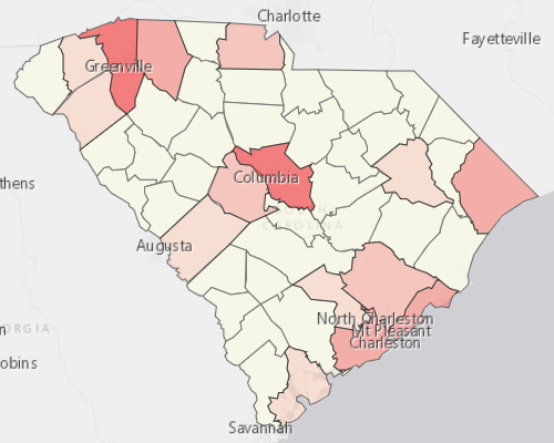 Map showing where the population resides in South Carolina