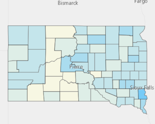 Map depicting areas of South Dakota with a higher household income