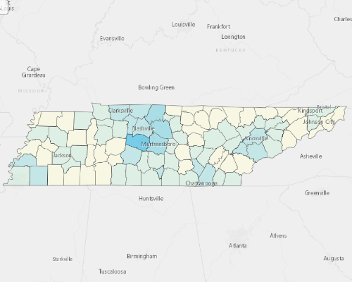 Map depicting areas of Tennessee with a higher household income
