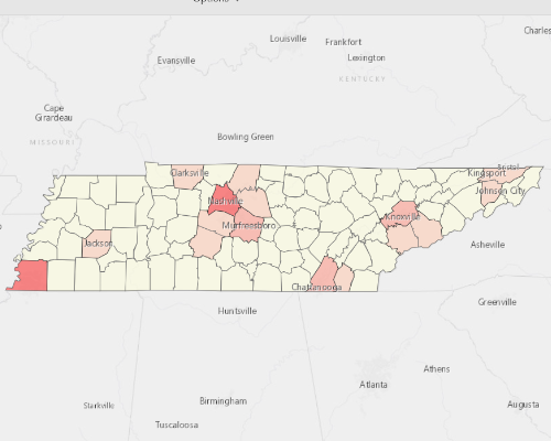 Map showing where the population resides in Tennessee