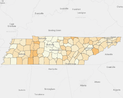 Map of Tennessee showing the areas with a higher percentage of vacant property