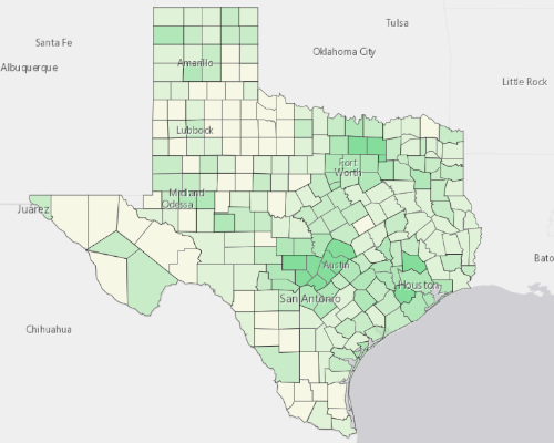 Map illustrating home values in Texas