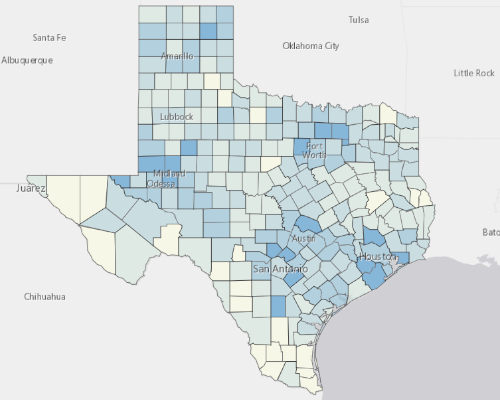 Map depicting areas of Texas with a higher household income