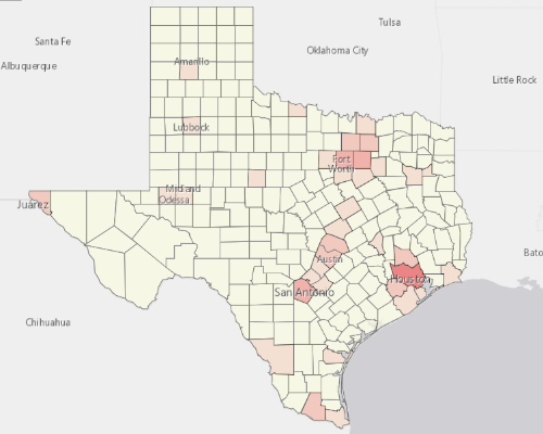 Map showing where the population resides in Texas