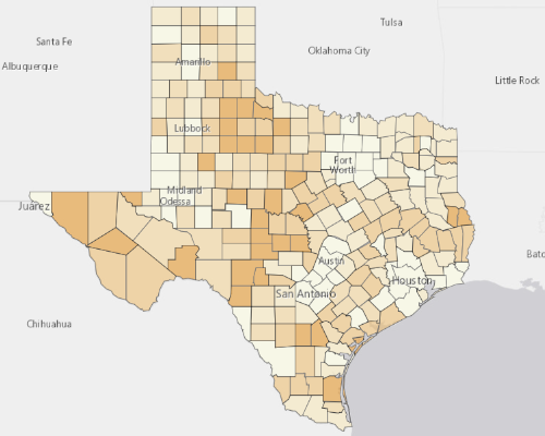Map of Texas showing the areas with a higher percentage of vacant property