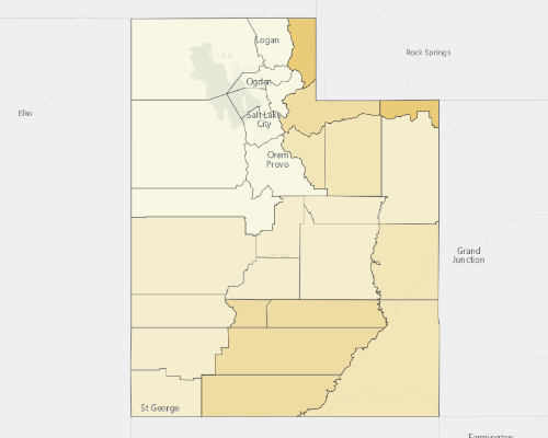 Map of Utah showing the areas with a higher percentage of vacant property