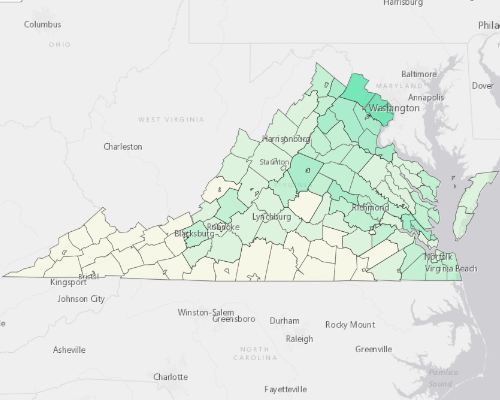 Map illustrating home values in Virginia