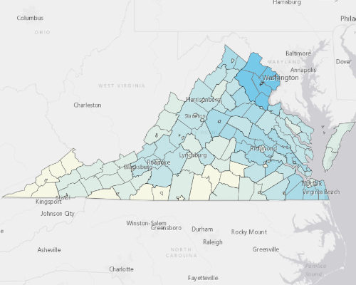 Map depicting areas of Virginia with a higher household income