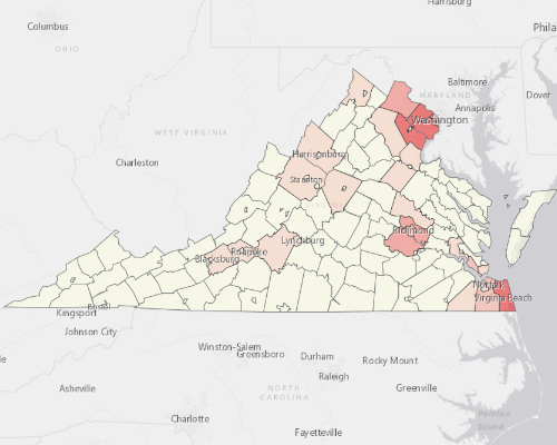Map showing where the population resides in Virginia