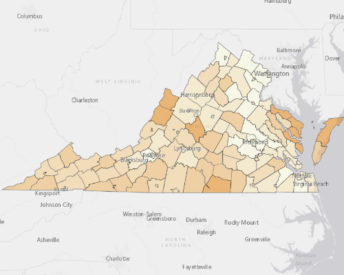 Map of Virginia showing the areas with a higher percentage of vacant property