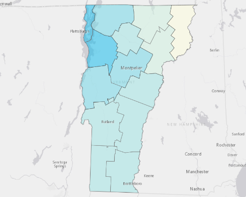 Map depicting areas of Vermont with a higher household income