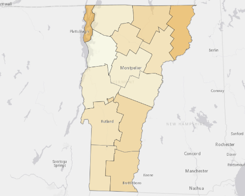 Map of Vermont showing the areas with a higher percentage of vacant property