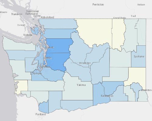 Map depicting areas of Washington with a higher household income