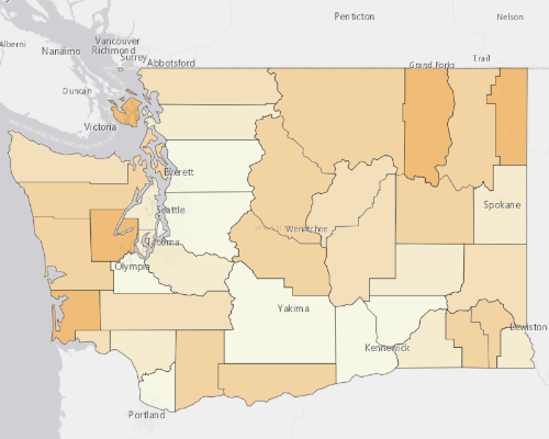 Map of Washington showing the areas with a higher percentage of vacant property