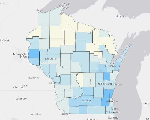 Map depicting areas of Wisconsin with a higher household income