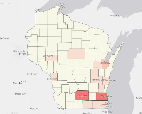 Map showing where the population resides in Wisconsin