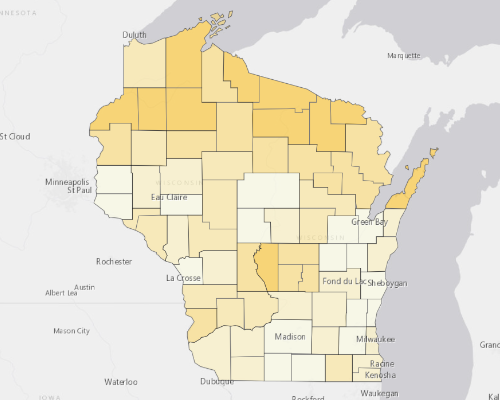 Map of Wisconsin showing the areas with a higher percentage of vacant property