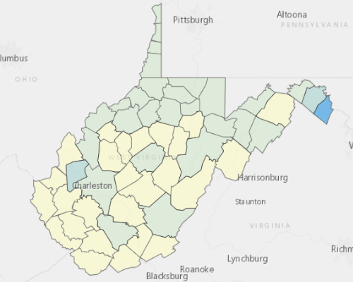 Map depicting areas of West Virginia with a higher household income