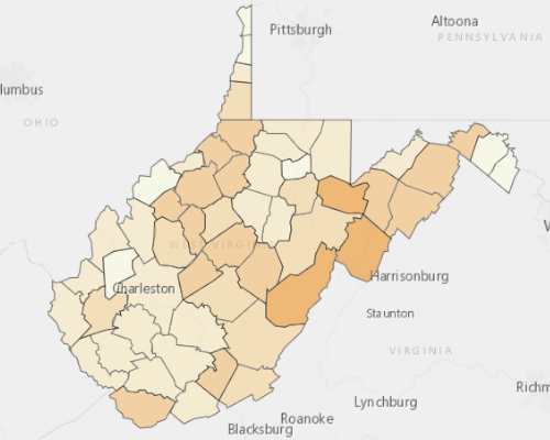 Map of West Virginia showing the areas with a higher percentage of vacant property