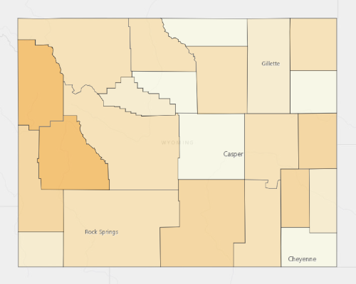 Map of Wyoming showing the areas with a higher percentage of vacant property