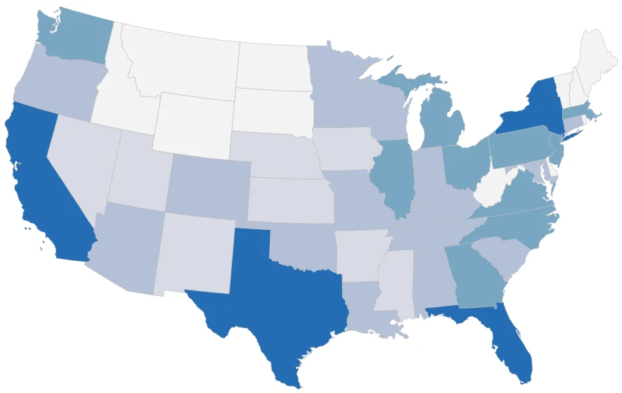 US Gross Domestic Product Map.  States with a higher GDP designated in blue.